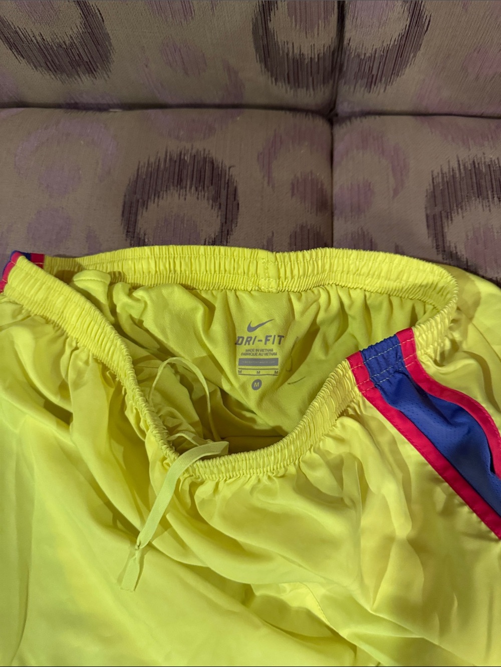 Nike Women’s Bright Yellow Athletic Shorts with Blue Panels and Pink Trim - Picture 4 of 5